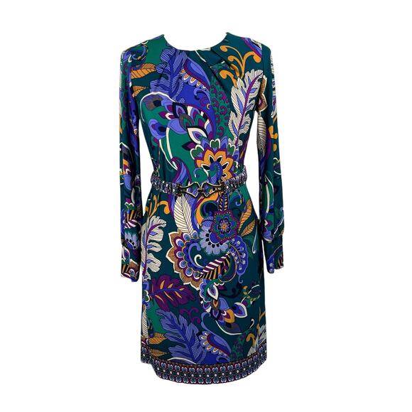 London Times Multi Teal Blue Floral Belted Jewel Neck Mini Sheath Dress 4 NWT - Picture 3 of 15